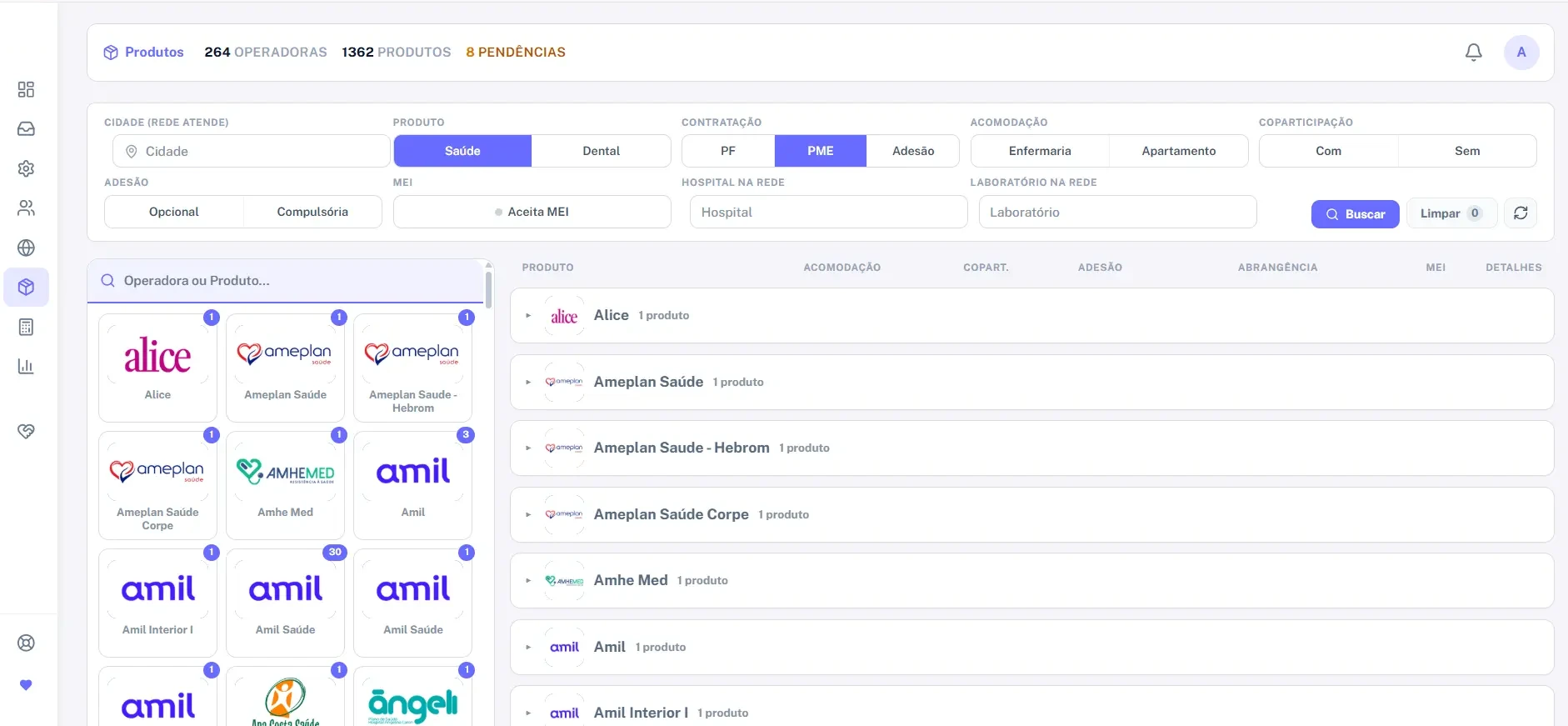 Tela real do módulo Catálogo de Produtos do Coteplan mostrando filtros e cards de operadoras